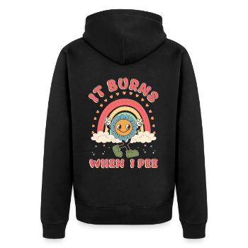 Lustiger Spruch "It Burns when i Pee"! - Unisex Premium Bio Zip Hoodie - Schwarz - Hinten - Nico (187cm)