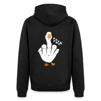 Unhöfliches Lustiges Sprichwort "Duck You" Outfit - Unisex Premium Bio Zip Hoodie - Schwarz - Hinten - Nico (187cm)