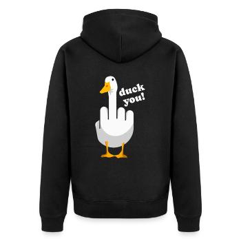 Unhöfliches Lustiges Sprichwort "Duck You" Outfit - Unisex Premium Bio Zip Hoodie - Schwarz - Hinten - Nico (187cm)