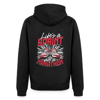 Sprint Leichtathletik Sprinten Life's A Sprint - Unisex Premium Bio Zip Hoodie - Schwarz - Hinten - Nico (187cm)
