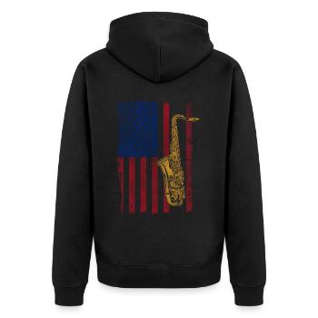 Saxophone American Flag - Unisex Premium Bio Zip Hoodie - Schwarz - Hinten - Nico (187cm)