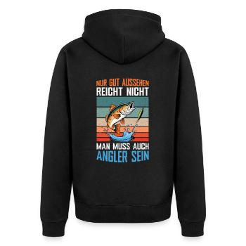 Angel Fischer Angler Angelurlaub Fischjäger - Unisex Premium Bio Zip Hoodie - Schwarz - Hinten - Nico (187cm)