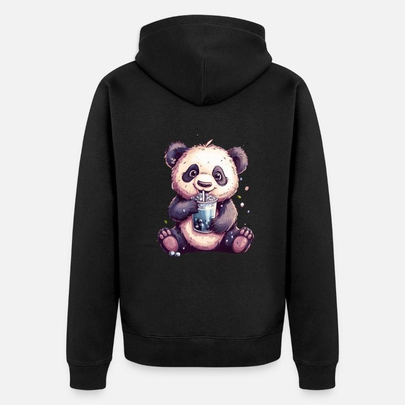 Niedlicher Panda mit Tee - Unisex Premium Bio Zip Hoodie - Schwarz