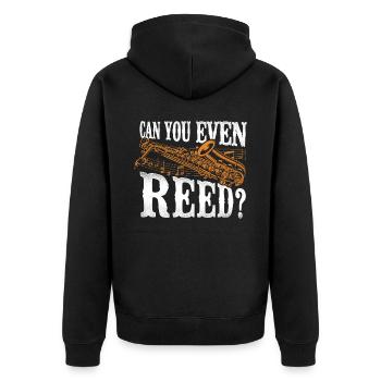 Saxophone Pun Can You Even Reed? - Unisex Premium Bio Zip Hoodie - Schwarz - Hinten - Nico (187cm)