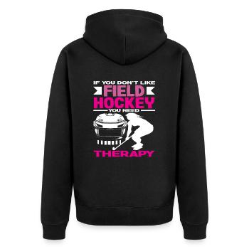 Feldhockeyspieler Therapie Spruch - Unisex Premium Bio Zip Hoodie - Schwarz - Hinten - Nico (187cm)