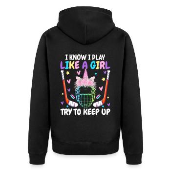 Hockeyspielerin Hockeymädchen Ich weiß, ich spiele - Unisex Premium Bio Zip Hoodie - Schwarz - Hinten - Nico (187cm)