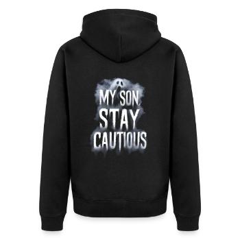 Mein Sohn bleibt vorsichtig, Nebelgeist - Unisex Premium Bio Zip Hoodie - Schwarz - Hinten - Nico (187cm)
