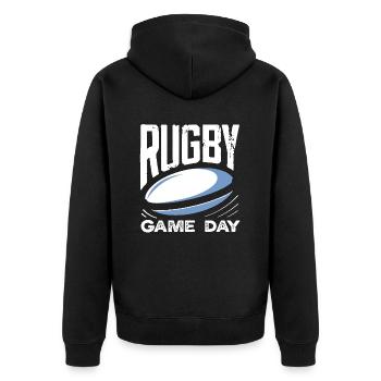 Rugby Spieler Spieltag Leidenschaft - Unisex Premium Bio Zip Hoodie - Schwarz - Hinten - Nico (187cm)