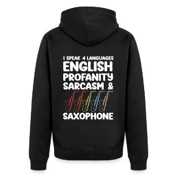 Saxophones Je parle 4 langues - Veste à capuche bio Premium Unisexe - noir - Dos - Nico (187cm)