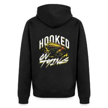 Fliegenfischen Fliegenangler Hooked On Tying - Unisex Premium Bio Zip Hoodie - Schwarz - Hinten - Nico (187cm)