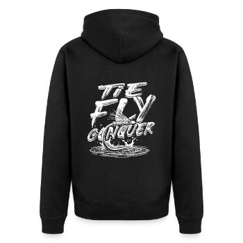 Fliegenfischen Fliegenangler Tie Fly Conquer - Unisex Premium Bio Zip Hoodie - Schwarz - Hinten - Nico (187cm)
