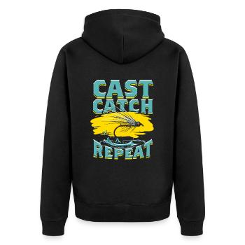 Fliegenfischen Fliegenangler Cast Catch Repeat - Unisex Premium Bio Zip Hoodie - Schwarz - Hinten - Nico (187cm)