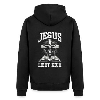 Jesus Christian Catholic Believers Worship Service - Unisex Premium Organic Zip Hoodie - black - Back - Nico (187cm)