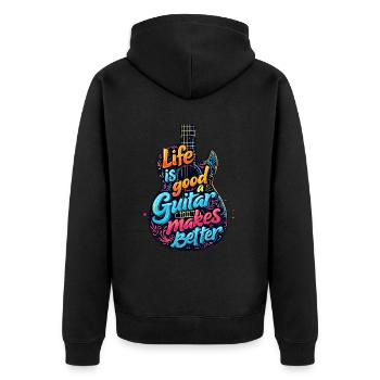 Life is Good Guitar makes it Better - Unisex Premium Bio Zip Hoodie - Schwarz - Hinten - Nico (187cm)