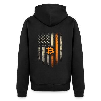 Bitcoin Motif – Rustic Design with USA Flag - Unisex Premium Organic Zip Hoodie - black - Back - Nico (187cm)