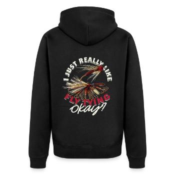 Fliegenfischen I Just Really Like Fly Tying Okay? - Unisex Premium Bio Zip Hoodie - Schwarz - Hinten - Nico (187cm)