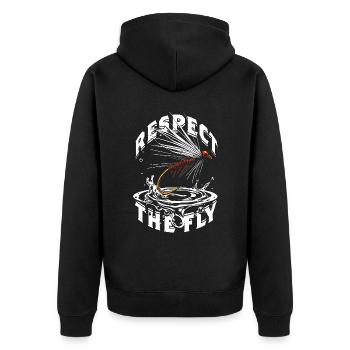 Fliegenfischen Fliegenangler Respect The Fly - Unisex Premium Bio Zip Hoodie - Schwarz - Hinten - Nico (187cm)
