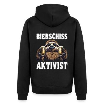 "Bierschiss Aktivist" - Faultier Bier - Unisex Premium Bio Zip Hoodie - Schwarz - Hinten - Nico (187cm)