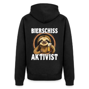 "Bierschiss Aktivist" - Faultier Bier - Unisex Premium Bio Zip Hoodie - Schwarz - Hinten - Nico (187cm)