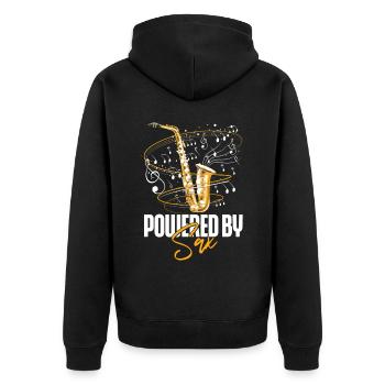 Saxophone Pun Powered By Sax - Unisex Premium Bio Zip Hoodie - Schwarz - Hinten - Nico (187cm)