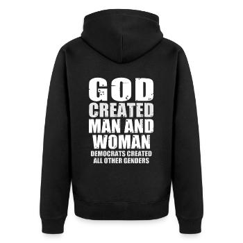 God Created Man - Unisex Premium Organic Zip Hoodie - black - Back - Nico (187cm)