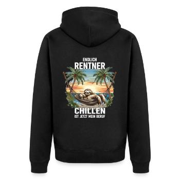 "Finally Pensioner" Chilling Sloth - Unisex Premium Organic Zip Hoodie - black - Back - Nico (187cm)