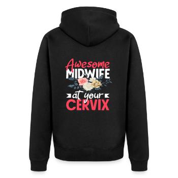 Great midwife at your service - Unisex Premium Organic Zip Hoodie - black - Back - Nico (187cm)