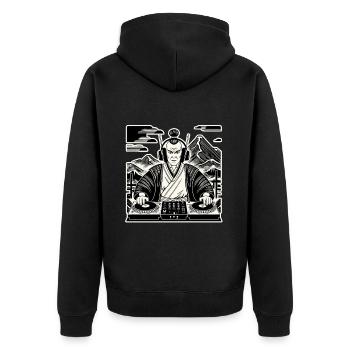 DJ Samurai Musik Retro Streetwear Design - Unisex Premium Bio Zip Hoodie - Schwarz - Hinten - Nico (187cm)