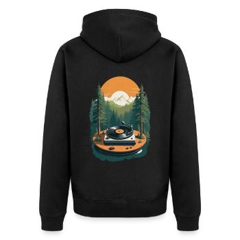 Musik Streetwear Outfit Plattenspieler Natur - Unisex Premium Bio Zip Hoodie - Schwarz - Hinten - Nico (187cm)