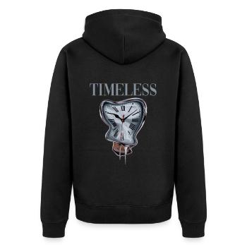 Timeless für Zeitlose Menschen - Unisex Premium Bio Zip Hoodie - Schwarz - Hinten - Nico (187cm)