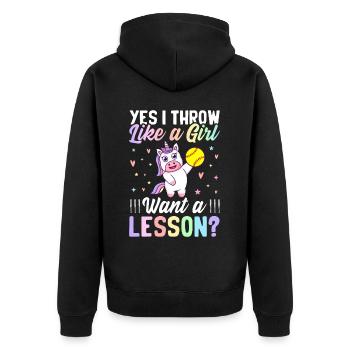 Softball-Mädchen Softball-Spielerin Ich werfe wie - Unisex Premium Bio Zip Hoodie - Schwarz - Hinten - Nico (187cm)
