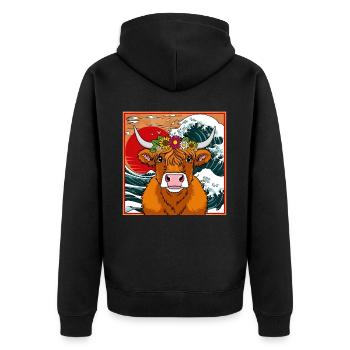 Highland Cow with Floral Crown - Unisex Premium Bio Zip Hoodie - Schwarz - Hinten - Nico (187cm)
