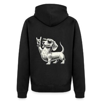 Cooler Dackel Rock Musik Heavy Metal Festival Spaß - Unisex Premium Bio Zip Hoodie - Schwarz - Hinten - Nico (187cm)