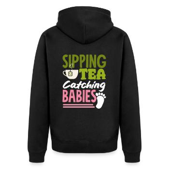 Hebamme Sipping Tea Catching Babies - Unisex Premium Bio Zip Hoodie - Schwarz - Hinten - Nico (187cm)