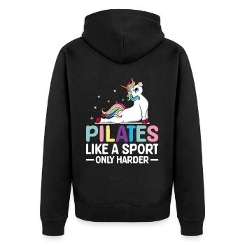 Pilates wie ein Sport, nur härter Pilates-Trainer - Unisex Premium Bio Zip Hoodie - Schwarz - Hinten - Nico (187cm)