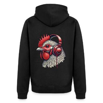 Musik Huhn Kopfhörer Streetwear Outfit Stil - Unisex Premium Bio Zip Hoodie - Schwarz - Hinten - Nico (187cm)