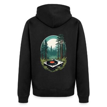 Musik Streetwear Outfit Natur Vinyl Plattenspieler - Unisex Premium Bio Zip Hoodie - Schwarz - Hinten - Nico (187cm)