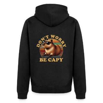don't worry be capy, capybara - Unisex Premium Bio Zip Hoodie - Schwarz - Hinten - Nico (187cm)