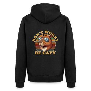 don't worry be capy, capybara - Unisex Premium Bio Zip Hoodie - Schwarz - Hinten - Nico (187cm)