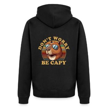 don't worry be capy, capybara - Unisex Premium Bio Zip Hoodie - Schwarz - Hinten - Nico (187cm)