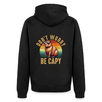 don't worry be capy, capybara - Unisex Premium Bio Zip Hoodie - Schwarz - Hinten - Nico (187cm)
