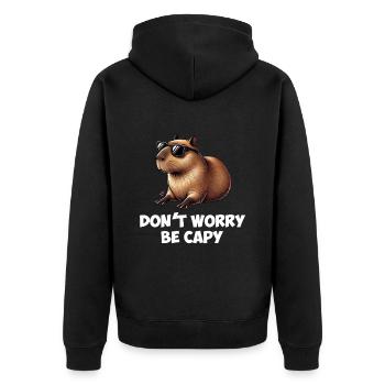 don't worry be capy, capybara - Unisex Premium Bio Zip Hoodie - Schwarz - Hinten - Nico (187cm)