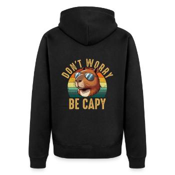 don't worry be capy, capybara - Unisex Premium Bio Zip Hoodie - Schwarz - Hinten - Nico (187cm)