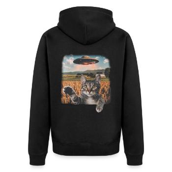 Lustige Ängstliche Katze Selfie UFO Alien - Unisex Premium Bio Zip Hoodie - Schwarz - Hinten - Nico (187cm)