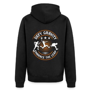 Weitsprung Defy Gravity Embrace The Leap - Unisex Premium Bio Zip Hoodie - Schwarz - Hinten - Nico (187cm)