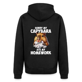 Capybara ate my homework, capybara - Unisex Premium Bio Zip Hoodie - Schwarz - Hinten - Nico (187cm)