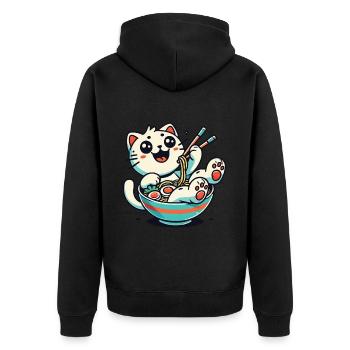 Kawaii Ramen Cat Streetwear Japanische Nudeln - Unisex Premium Bio Zip Hoodie - Schwarz - Hinten - Nico (187cm)