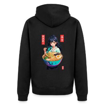 Ramen Ukiyo-E Japanisches Retro Streetwear Kawaii - Unisex Premium Bio Zip Hoodie - Schwarz - Hinten - Nico (187cm)