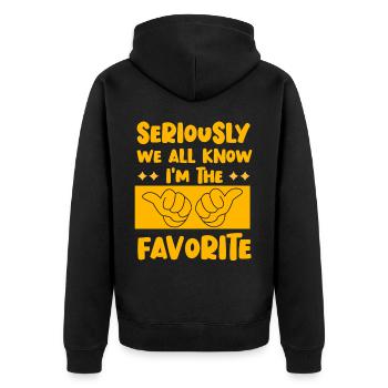 Im Ernst, wir alle wissen, dass ich der Favorit bin - Unisex Premium Bio Zip Hoodie - Schwarz - Hinten - Nico (187cm)