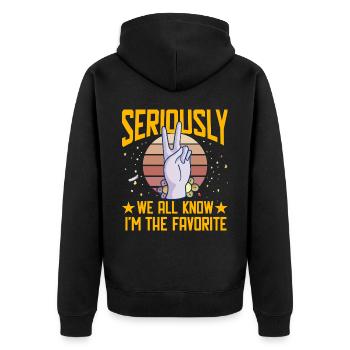 Im Ernst, wir alle wissen, dass ich der Favorit bin - Unisex Premium Bio Zip Hoodie - Schwarz - Hinten - Nico (187cm)